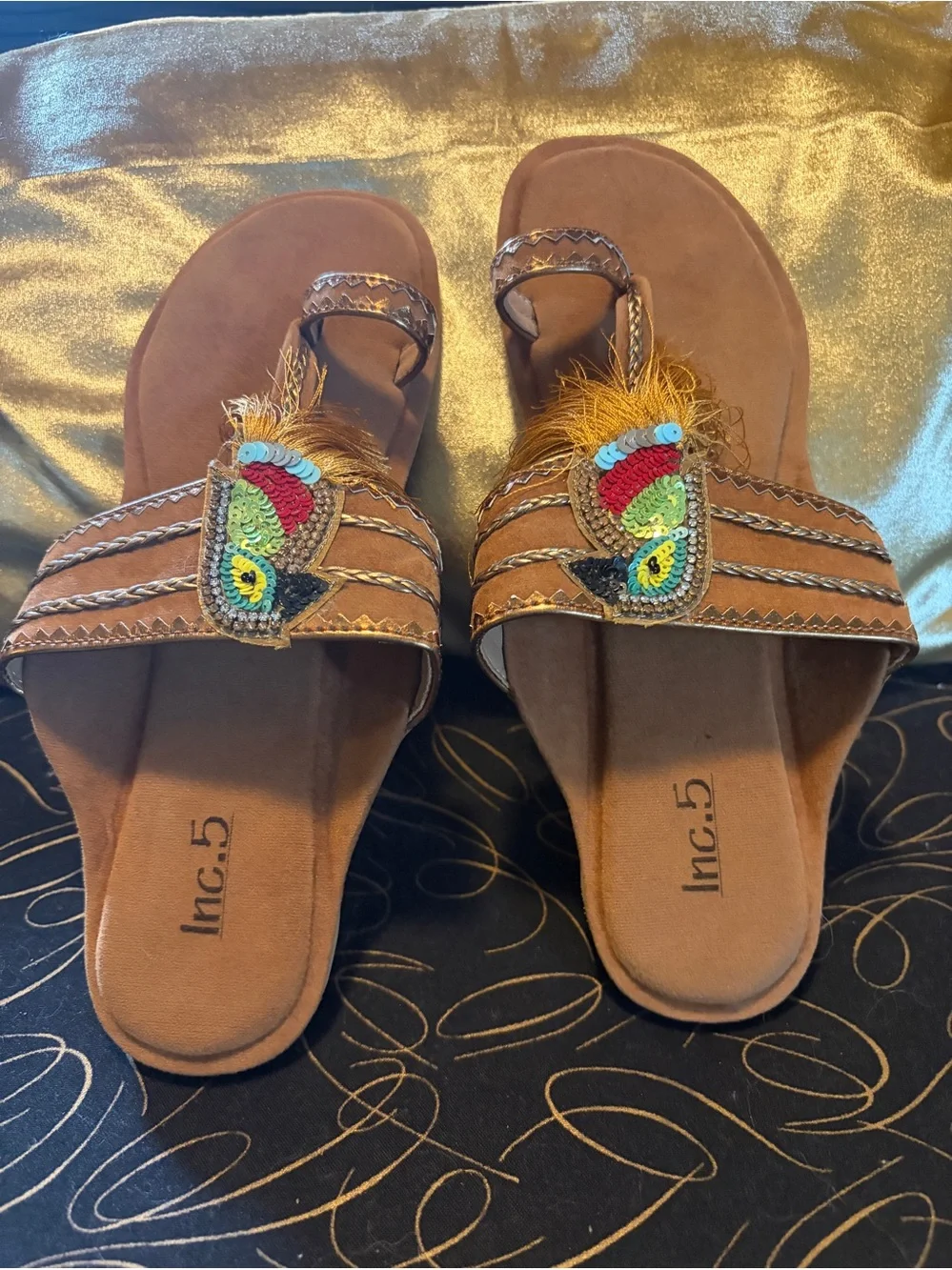 INC International Concepts Brown Beaded Feather Slide Sandals